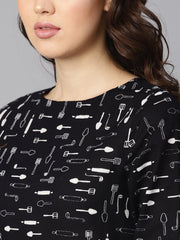 Quirky spoon print box pleated dress with frilled sleeves