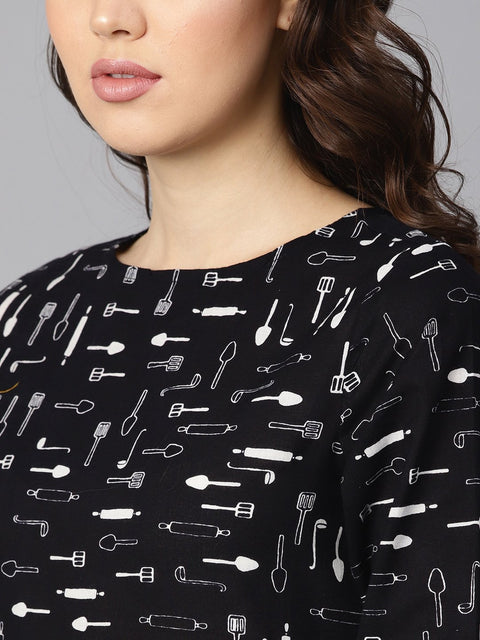 Quirky spoon print box pleated dress with frilled sleeves