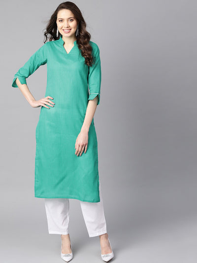 Solid Green tagai-work straight kurta with detailing on the cuff with white straight pants