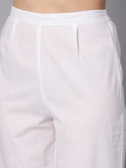 Solid Green tagai-work straight kurta with detailing on the cuff with white straight pants