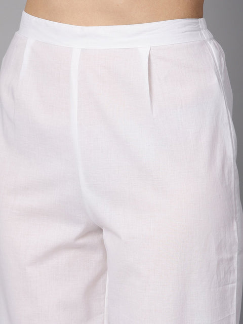 Solid Green tagai-work straight kurta with detailing on the cuff with white straight pants