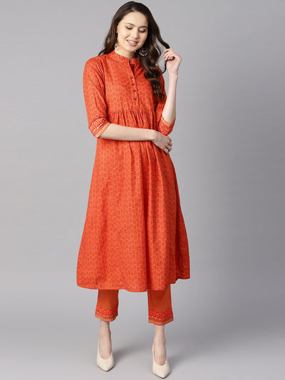 A line Pleated kurta with border detailing on the sleeves with straight solid pants