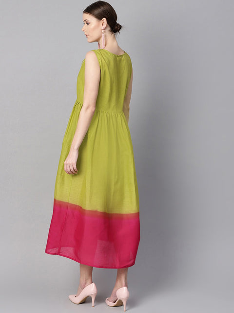 Ombre dye Green & Pink dress with button and dori detailing