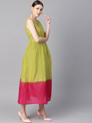 Ombre dye Green & Pink dress with button and dori detailing