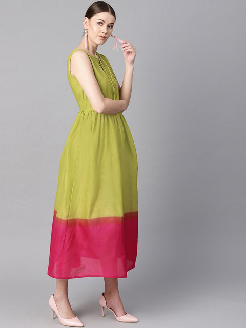 Ombre dye Green & Pink dress with button and dori detailing