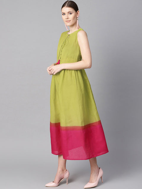 Ombre dye Green & Pink dress with button and dori detailing