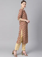 Maroon floral printed kurta with draw string detailed sleeves and pale yellow pants