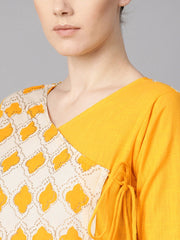 Printed yoke Angrakha style 3/4th sleeve yellow colored maxi.