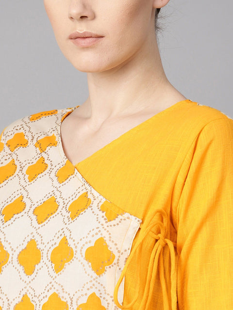 Printed yoke Angrakha style 3/4th sleeve yellow colored maxi.