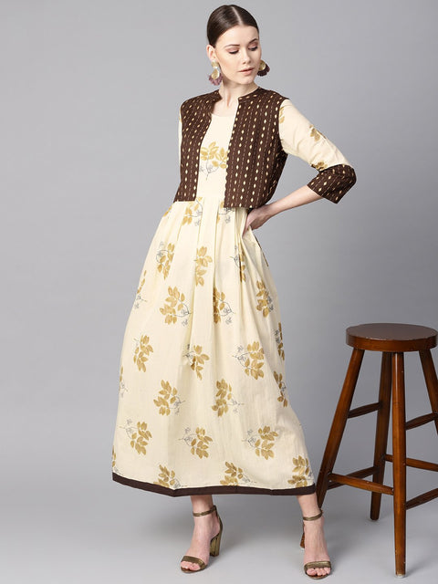 White floral gold printed round neck 3/4th sleeve printed maxi with brown geometrical gold printed jacket.