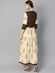 White floral gold printed round neck 3/4th sleeve printed maxi with brown geometrical gold printed jacket.