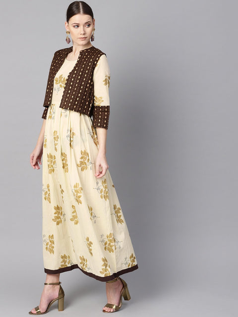 White floral gold printed round neck 3/4th sleeve printed maxi with brown geometrical gold printed jacket.