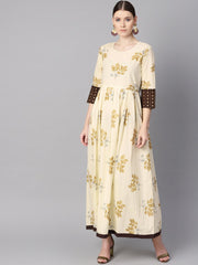White floral gold printed round neck 3/4th sleeve printed maxi with brown geometrical gold printed jacket.