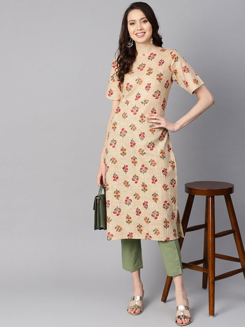 Beige floral printed  Boat neck half sleeve straight kurta with solid pants.