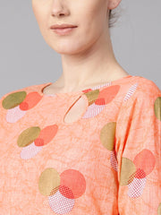 Peach color polka dots printed Boat neck with side keyhole  3/4th sleeve kurta and solid cigratee pants.