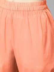 Peach color polka dots printed Boat neck with side keyhole  3/4th sleeve kurta and solid cigratee pants.