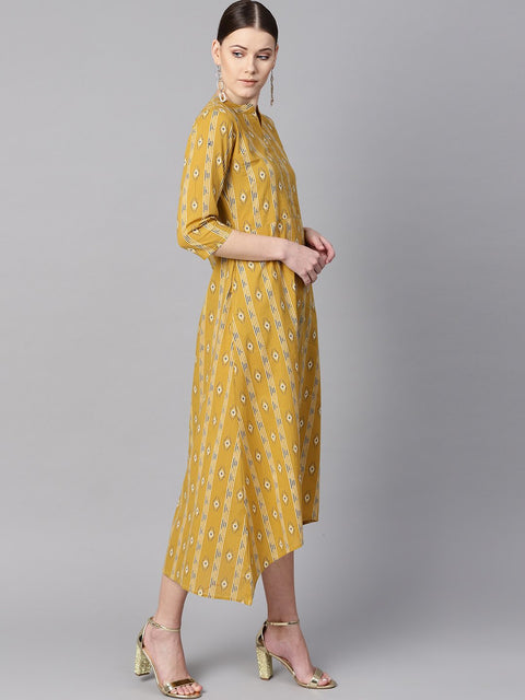 Mustard yellow color ikat printed chinese collar dress with placket opening.