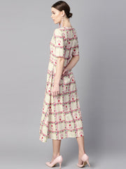 White floral ikat print Square neck Aline dress with front pockets.