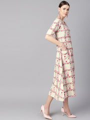 White floral ikat print Square neck Aline dress with front pockets.