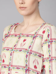 White floral ikat print Square neck Aline dress with front pockets.