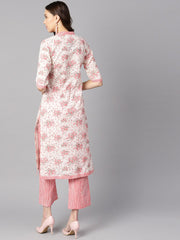 Off-white floral printed straight kurta with stripped yoke and cigratte pants.