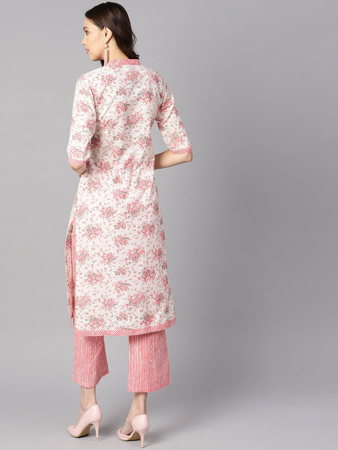 Off-white floral printed straight kurta with stripped yoke and cigratte pants.