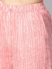 Off-white floral printed straight kurta with stripped yoke and cigratte pants.