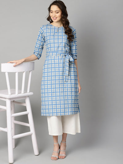 Blue colored checkered boat neck with front keyhole kurta with reversible belt.