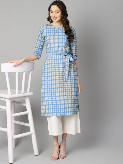 Blue colored checkered boat neck with front keyhole kurta with reversible belt.