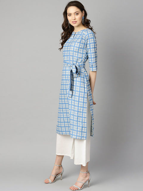 Blue colored checkered boat neck with front keyhole kurta with reversible belt.
