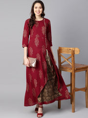 Maroon high-low Gold printed kurta with brown printed skirt