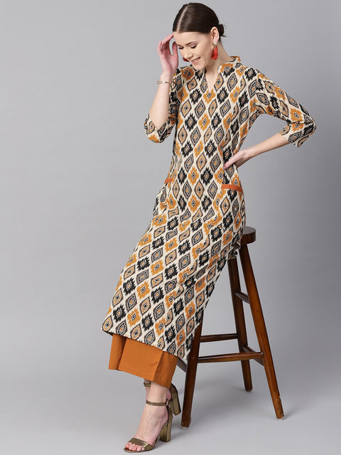 Brown Printed half sleeve with pocket details Kurta Set with Solid brown pants