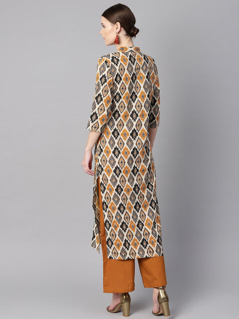 Brown Printed half sleeve with pocket details Kurta Set with Solid brown pants