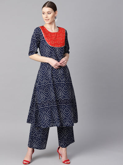 Navy blue half sleeve Bandhni print Kurta with Front printed yoke