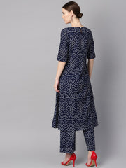 Navy blue half sleeve Bandhni print Kurta with Front printed yoke