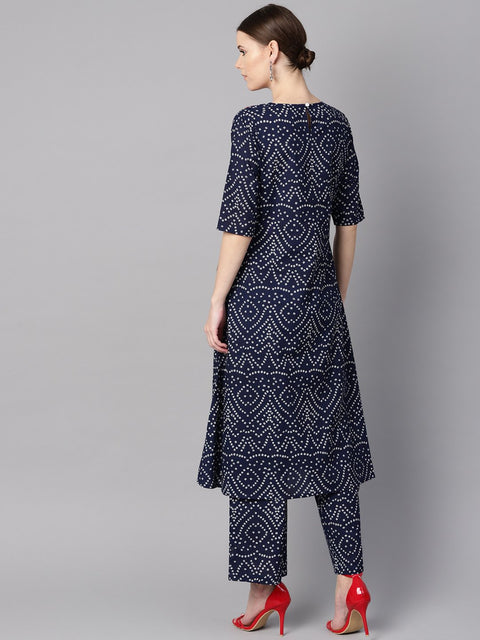 Navy blue half sleeve Bandhni print Kurta with Front printed yoke