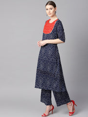 Navy blue half sleeve Bandhni print Kurta with Front printed yoke
