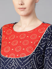Navy blue half sleeve Bandhni print Kurta with Front printed yoke