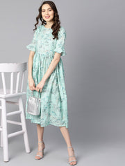 Sky blue floral Printed dress with flared sleeves