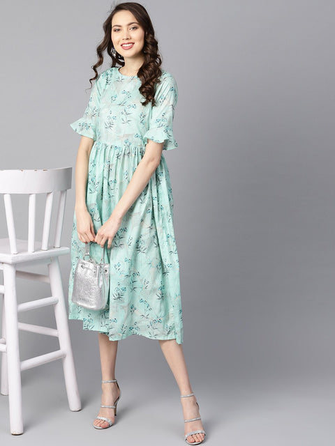 Sky blue floral Printed dress with flared sleeves