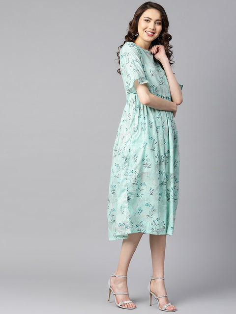 Sky blue floral Printed dress with flared sleeves