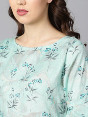 Sky blue floral Printed dress with flared sleeves
