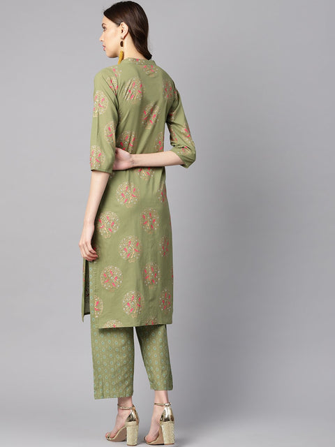 Pista green floral printed 3/4th sleeve kurta with pista green printed pants.