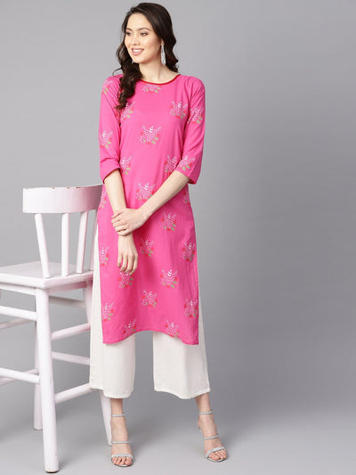 Pink round neck floral printed cotton straight kurta