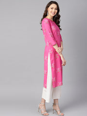 Pink round neck floral printed cotton straight kurta