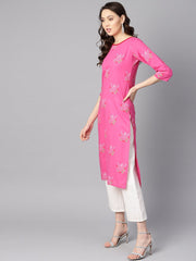 Pink round neck floral printed cotton straight kurta