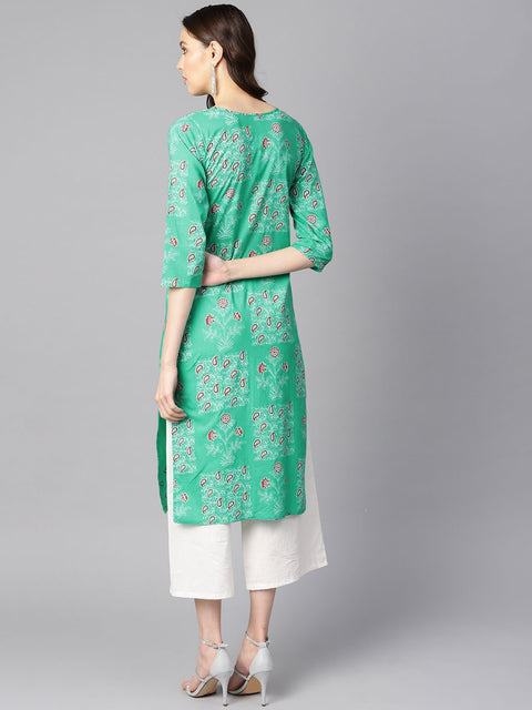 Rama green floral print round neck with keyhole tassel kurta