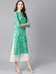 Rama green floral print round neck with keyhole tassel kurta