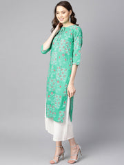 Rama green floral print round neck with keyhole tassel kurta