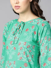 Rama green floral print round neck with keyhole tassel kurta
